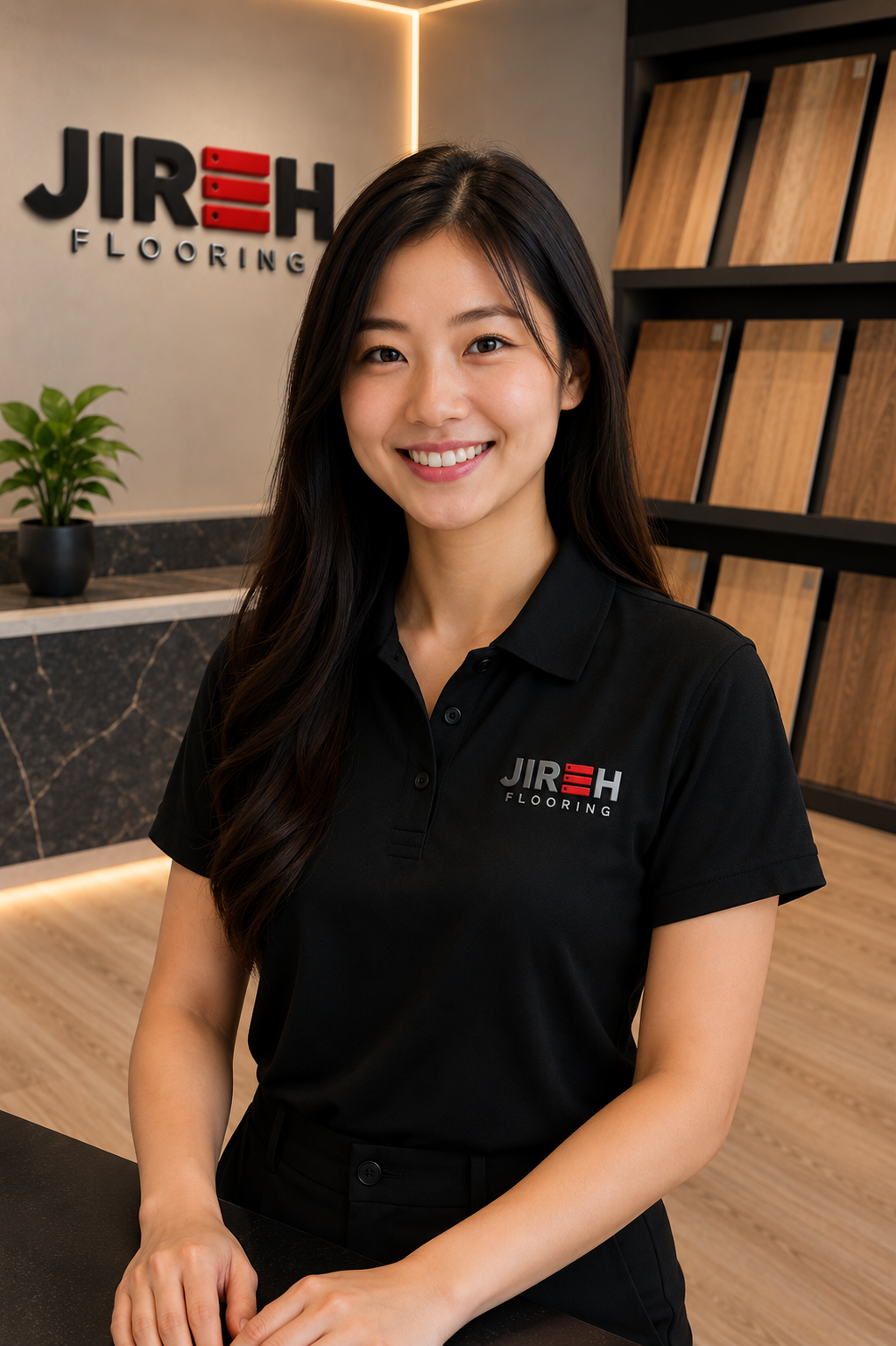 Customer service staff from Jireh Design & Trading showroom in a black uniform with JIREH logo sitting by a reception desk, smiling, inside a flooring showroom with flooring samples shown on the wall panels.