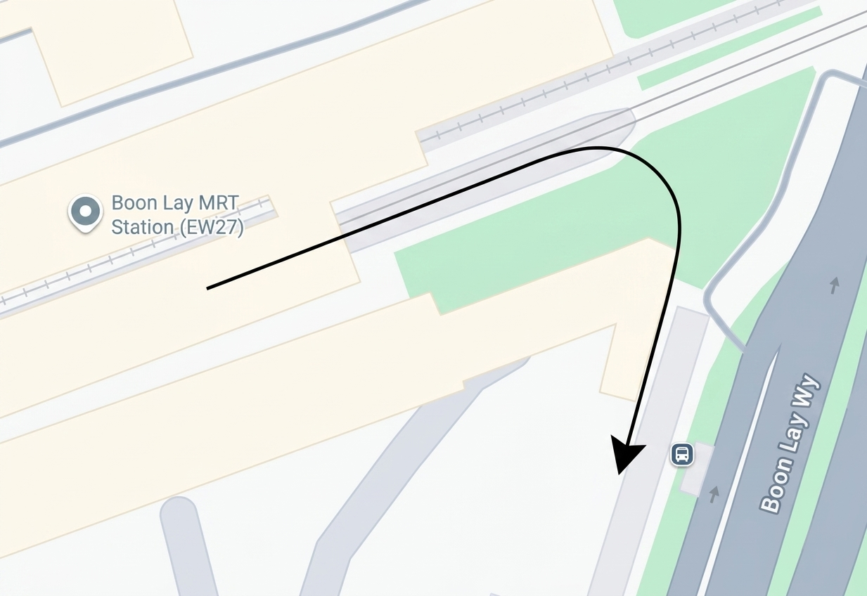 Map showing a route from Boon Lay MRT Station to a nearby bus stop on Boon Lay Way.