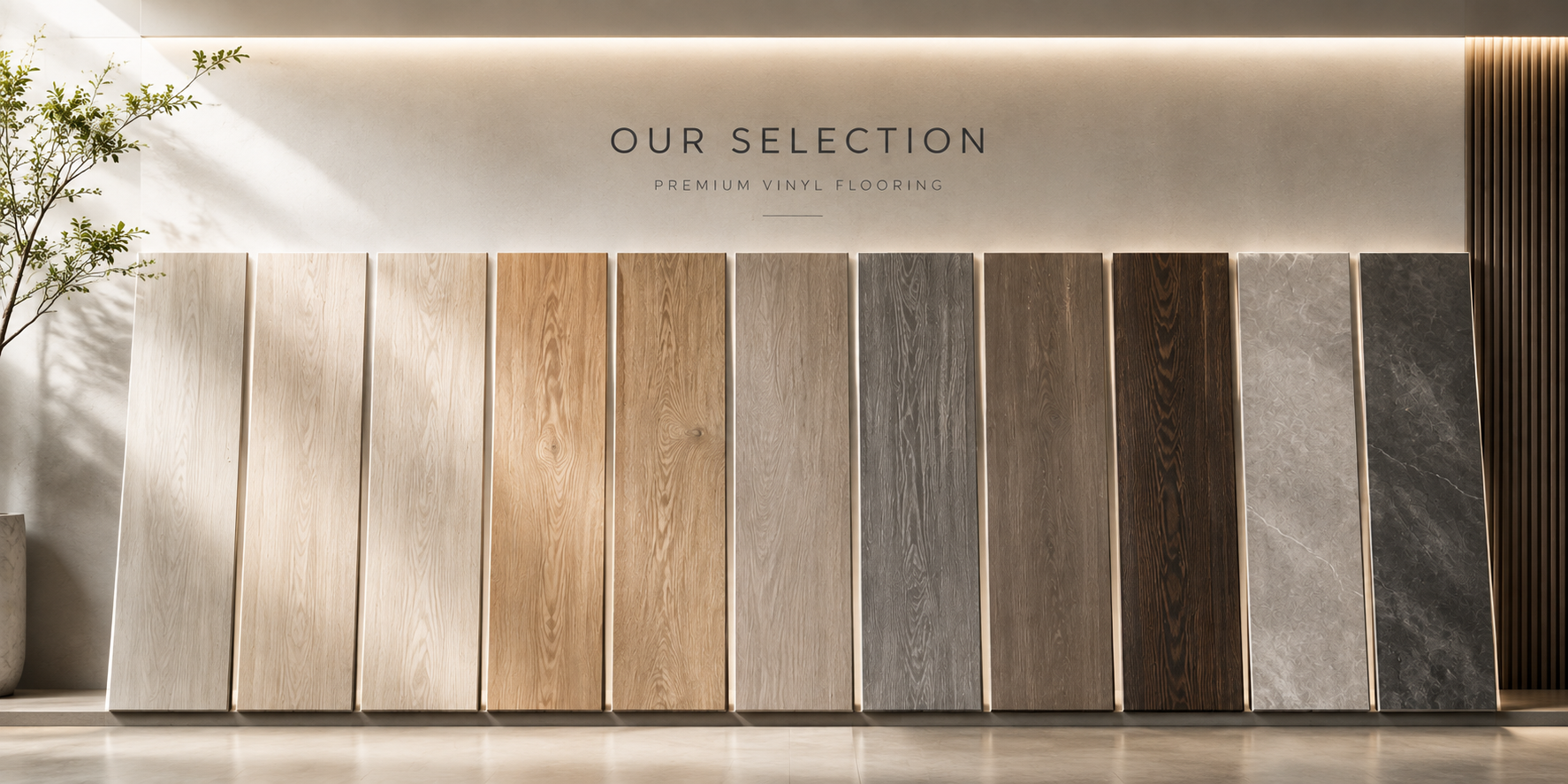 Display of various vinyl flooring samples in shades of cream, tan, gray, brown, and black, with a sign above reading 'Our Selection Premium Vinyl Flooring.'