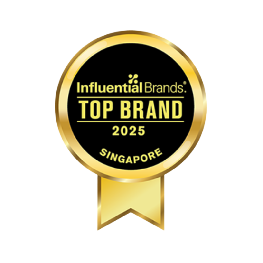 Gold medal badge with black center, displaying 'Influential Brands Top Brand 2025 Singapore' in yellow text.