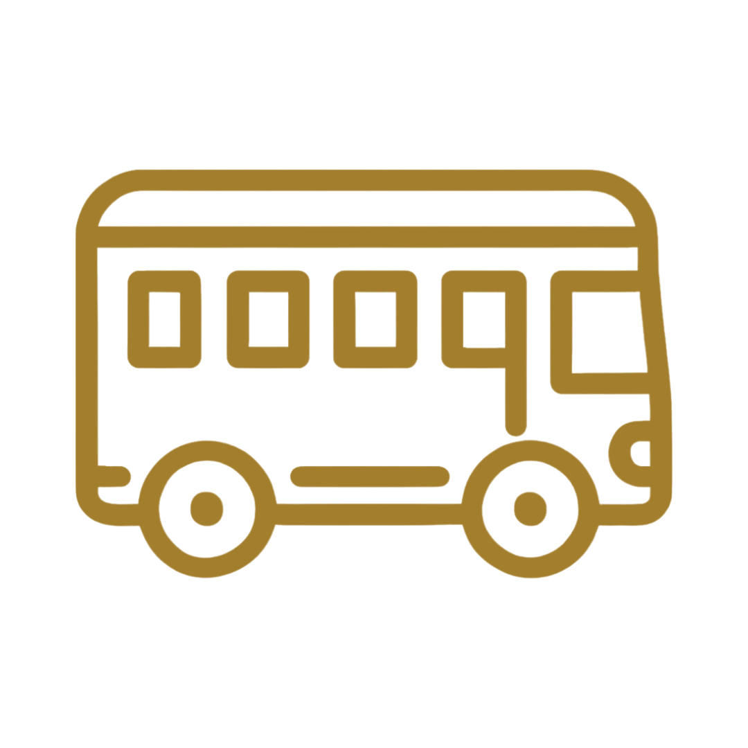 Gold outline of a bus icon on a black background