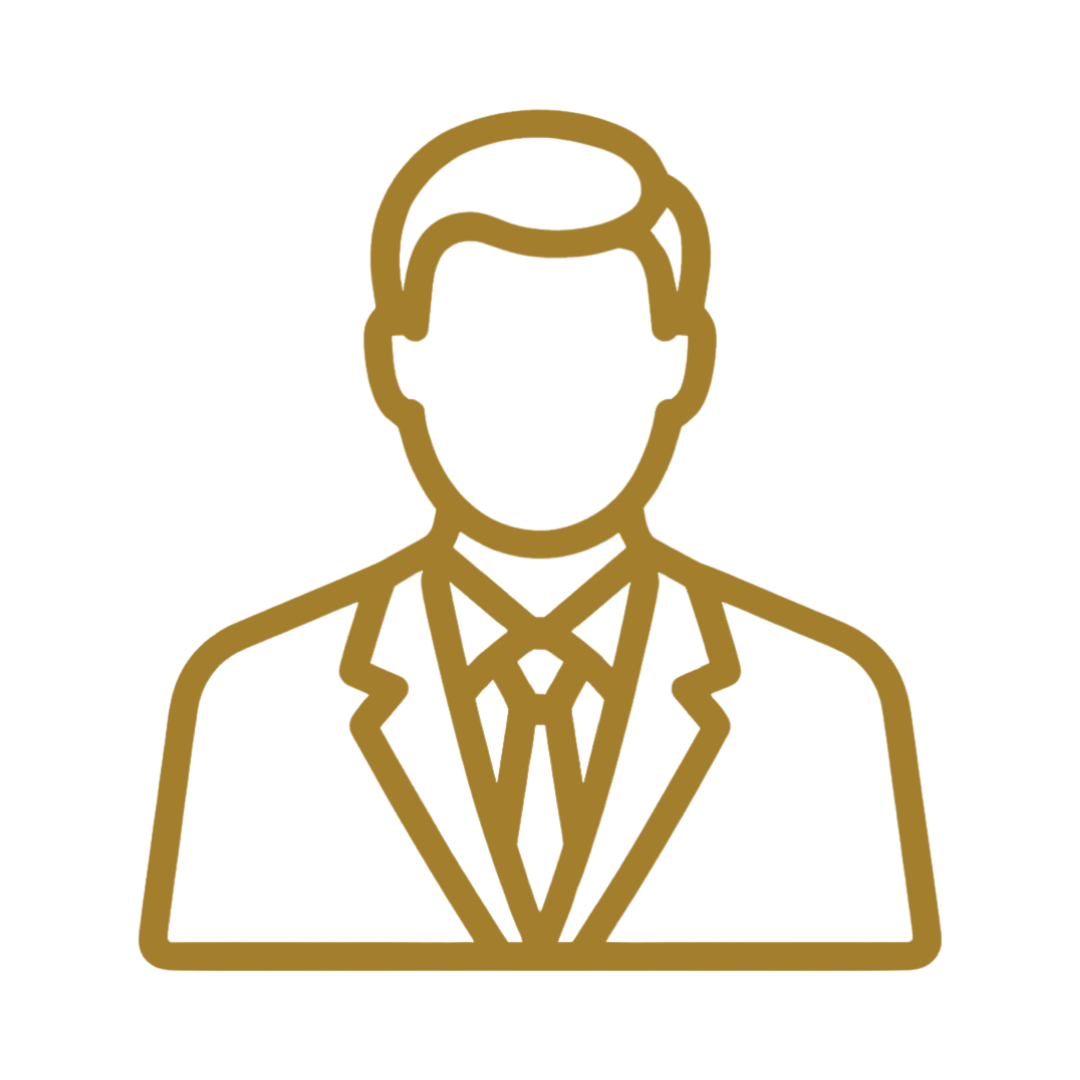 Gold outline icon of a man wearing a suit and tie, with emphasis on professional or business appearance.
