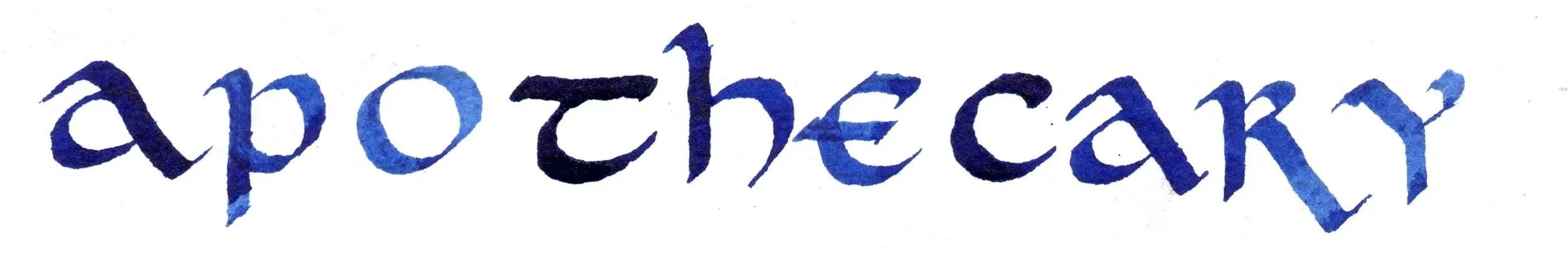 The word 'apothecary' written in blue watercolor calligraphy on white background.