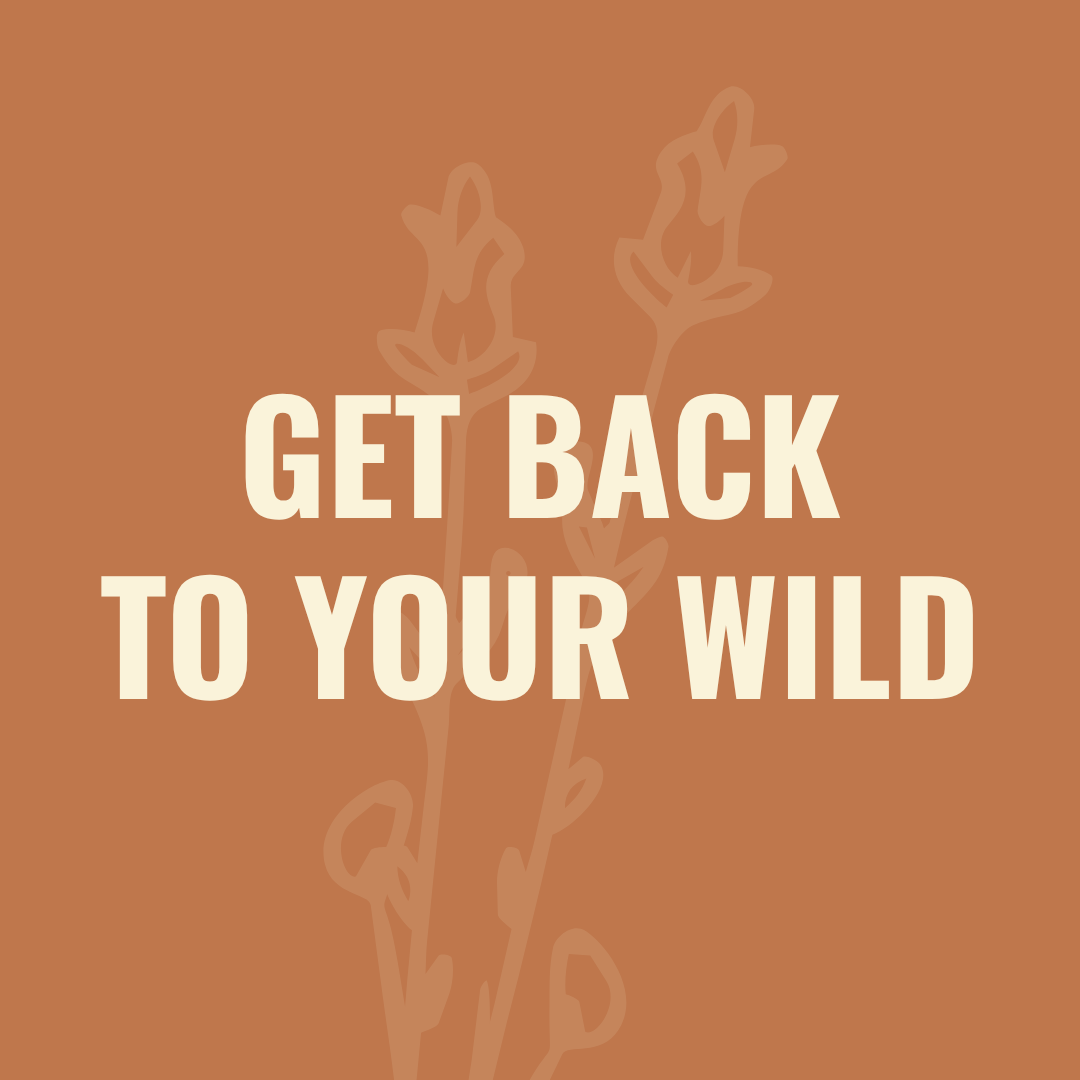 Motivational quote saying "Get back to your wild" on a brown background with a faint illustration of a plant.