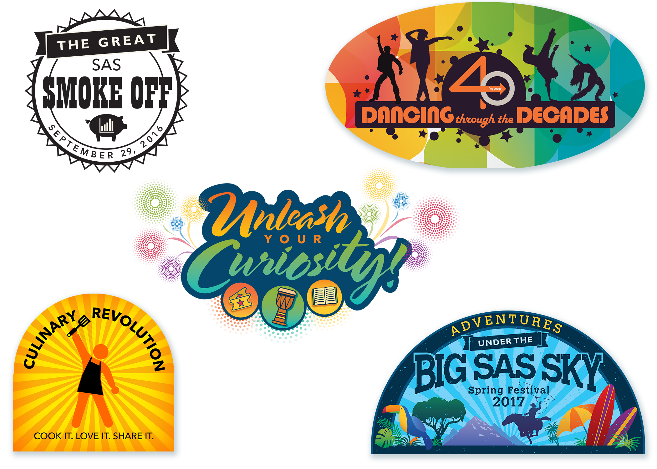 Word marks used for various events such as the SAS Spring Festival picnics, a data-driven cookout and a health care center culinary event.