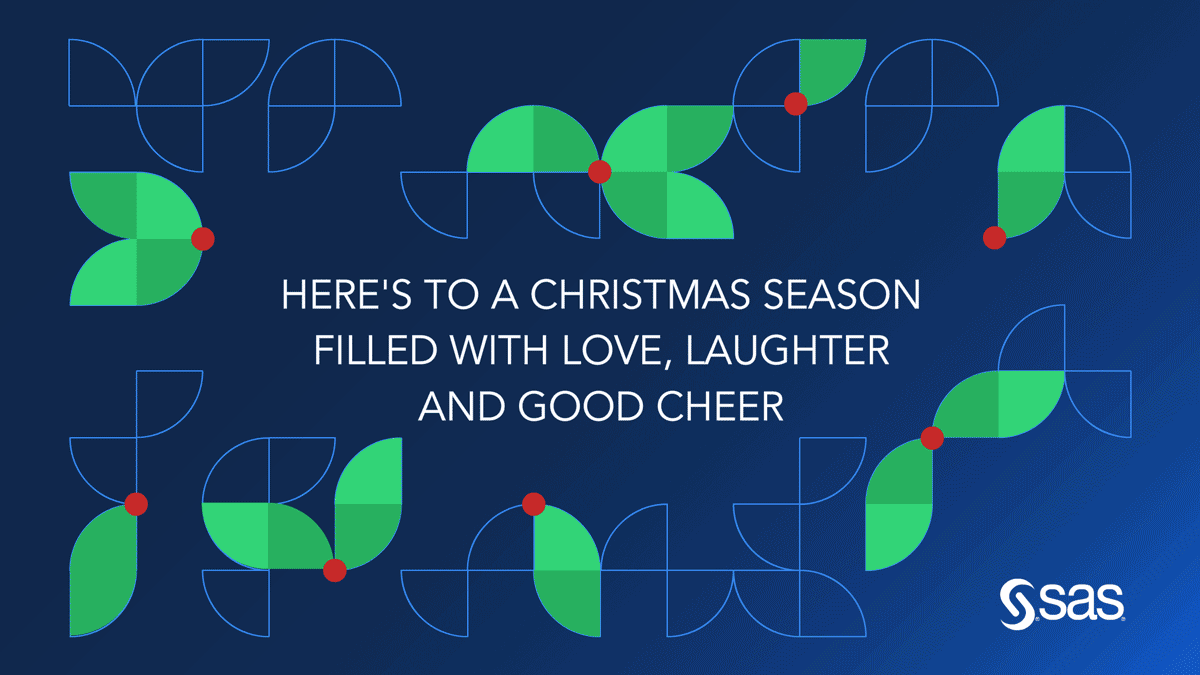 Holiday greeting card with green geometric leaf designs and red dots against a dark blue background, featuring the message 'Here's to a Christmas season filled with love, laughter, and good cheer' and the SAS logo.