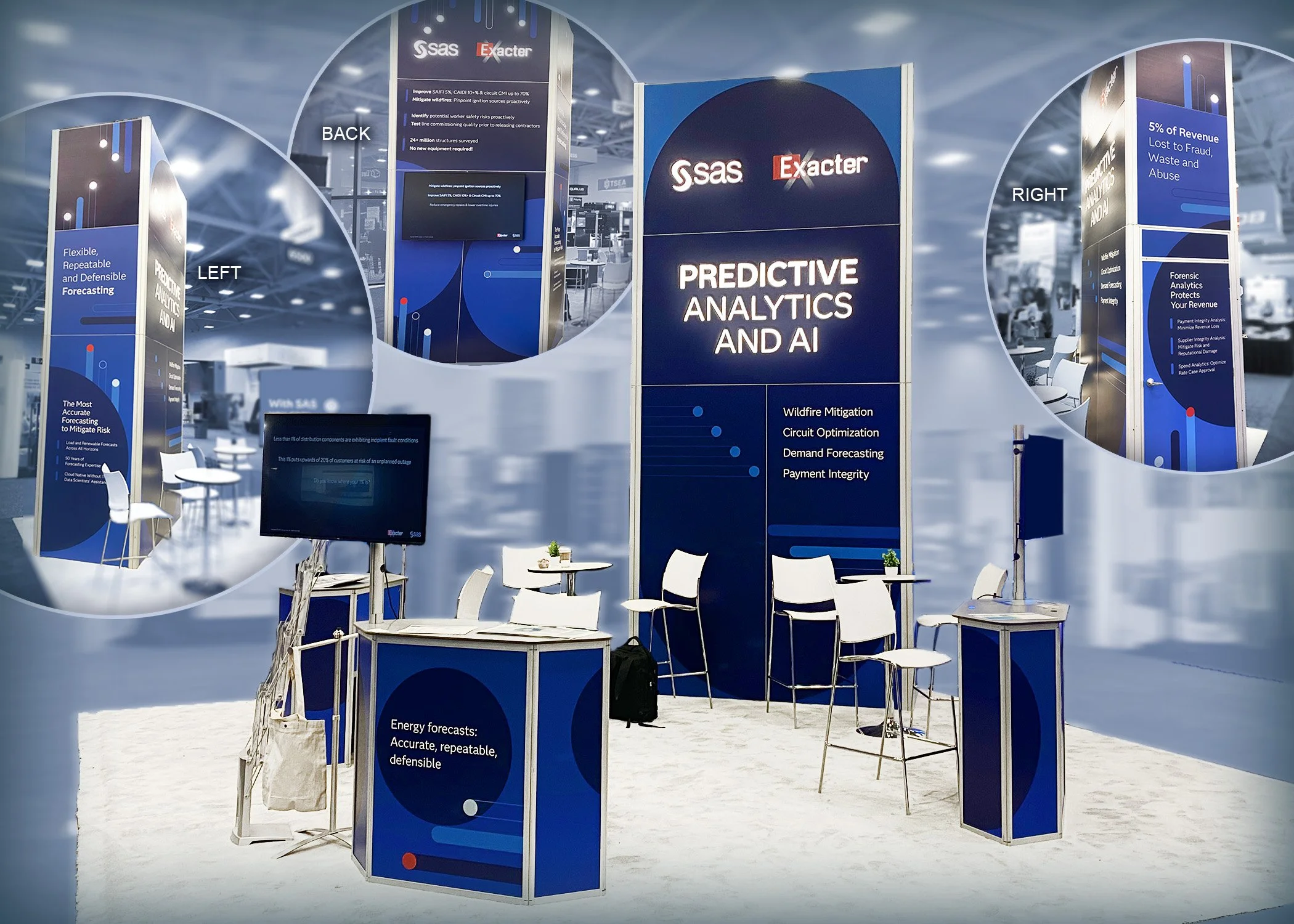 Backlit pillar and credenza designs for trade show booth in partnership with Exacter