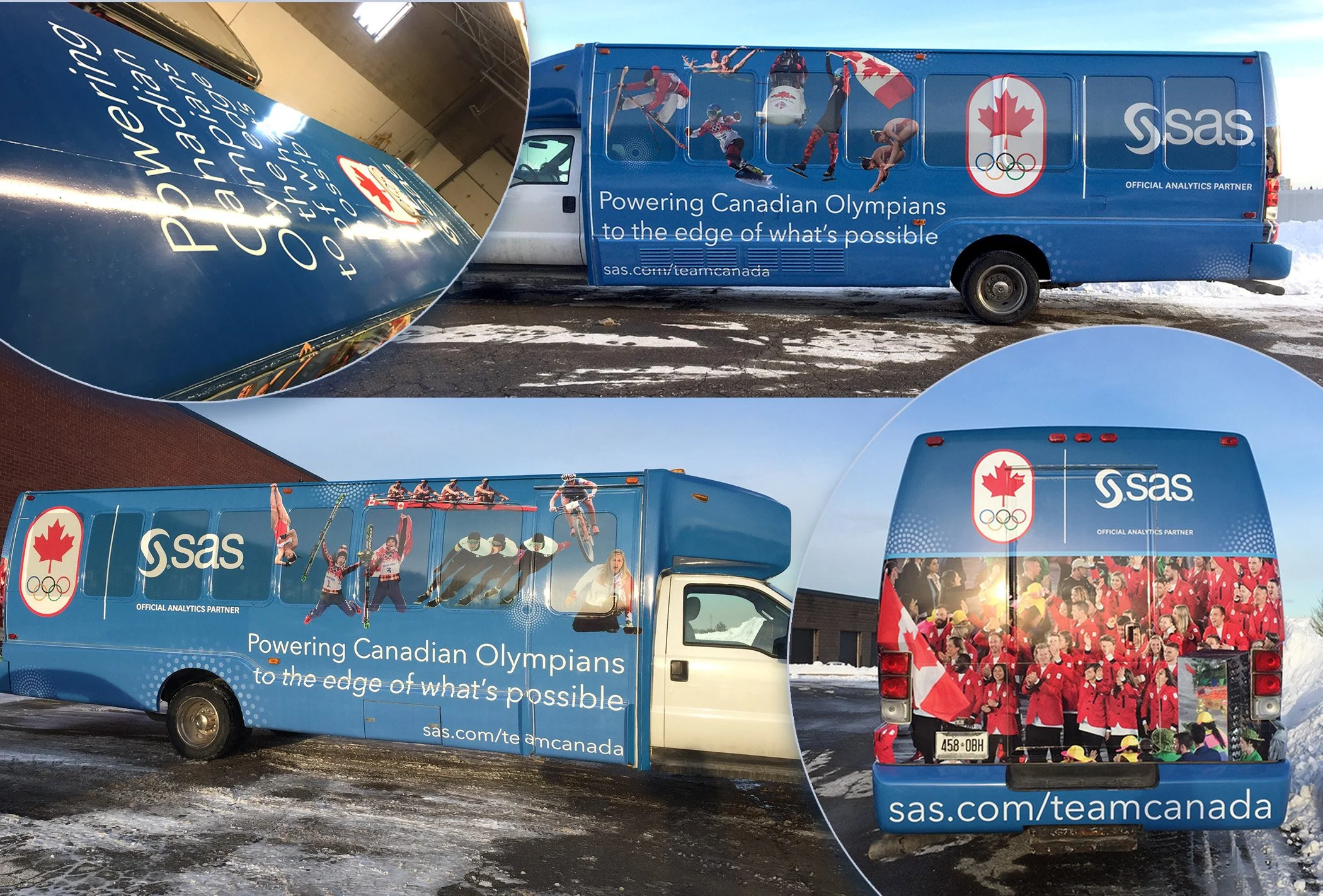 Branded shuttle wrap for SAS and Canadian Olympic partnership, which also included roll shades, stickers, flags and elevator signage