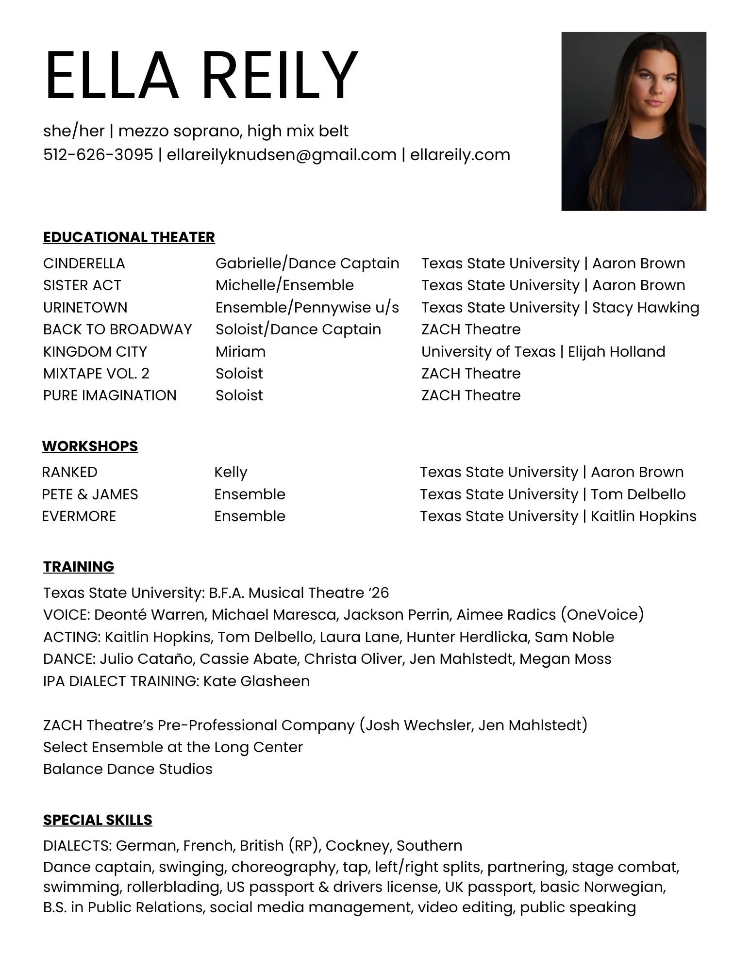 A professional resume for Ella Reily, including a photo of a young woman with long brown hair, text detailing her background, education, workshops, and skills, with a focus on theater, dance, and public relations.