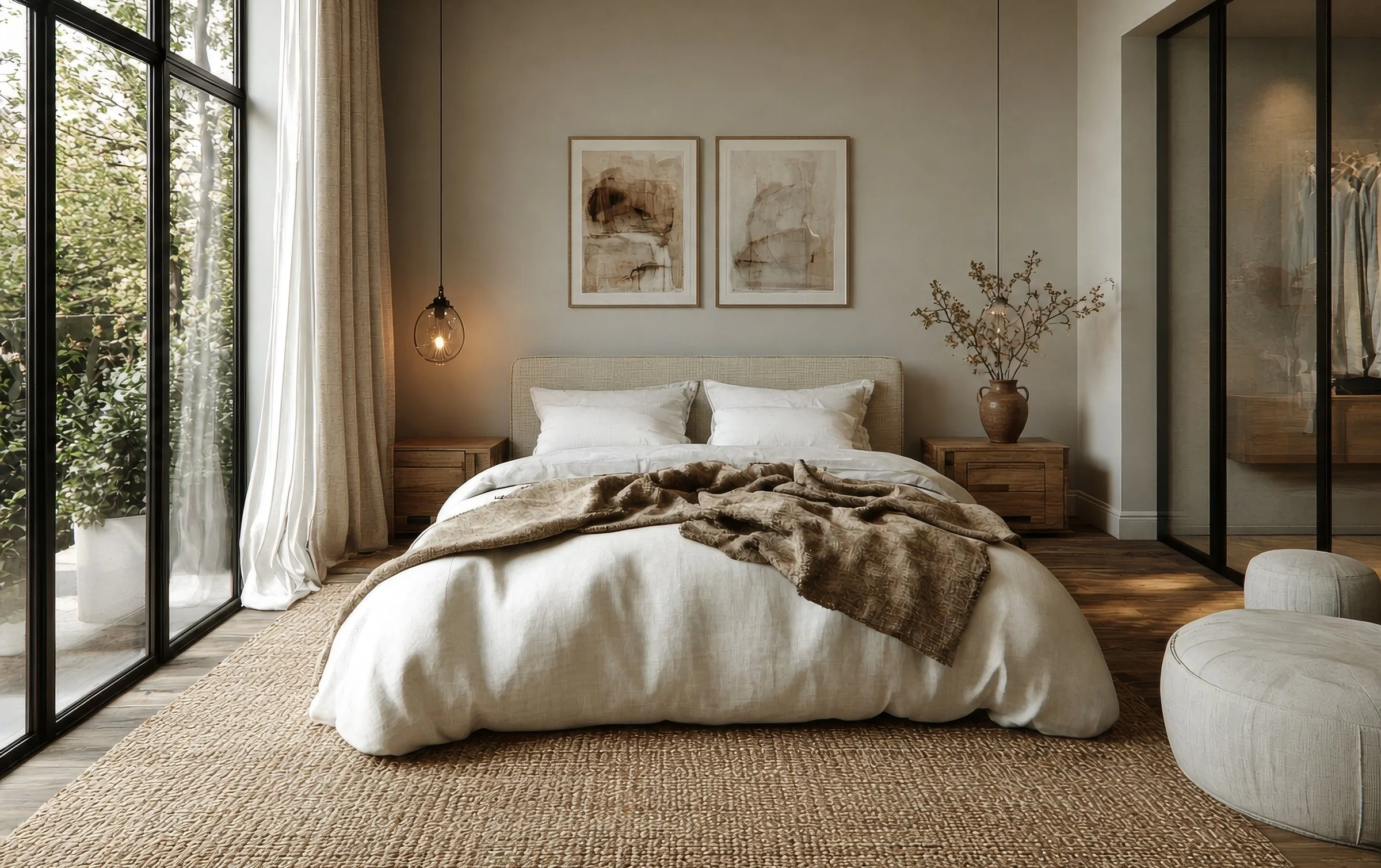 A cozy bedroom with a bed covered in white linens and a brown fur throw. There are a wooden nightstand on each side of the bed, a pendant light hanging on the left, and framed artwork on the wall above. A large window with curtains allows natural light, and a tall vase with branches decorates a corner. The room features a sliding glass door with black metal framing leading to an outdoor space, with a woven rug on the wooden floor.