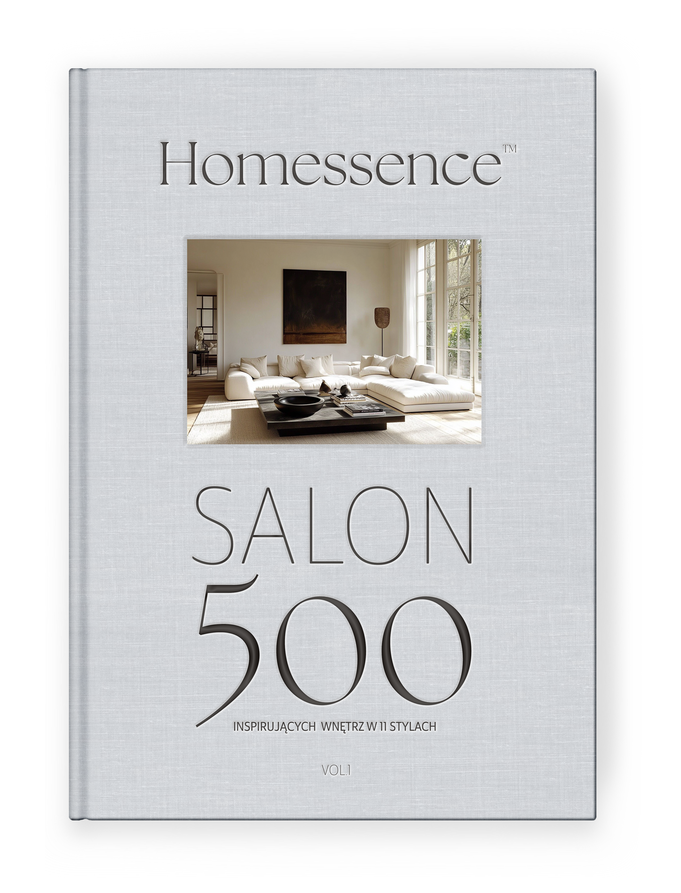 Book cover of "Homessence" featuring a modern living room with a white sofa and large windows.