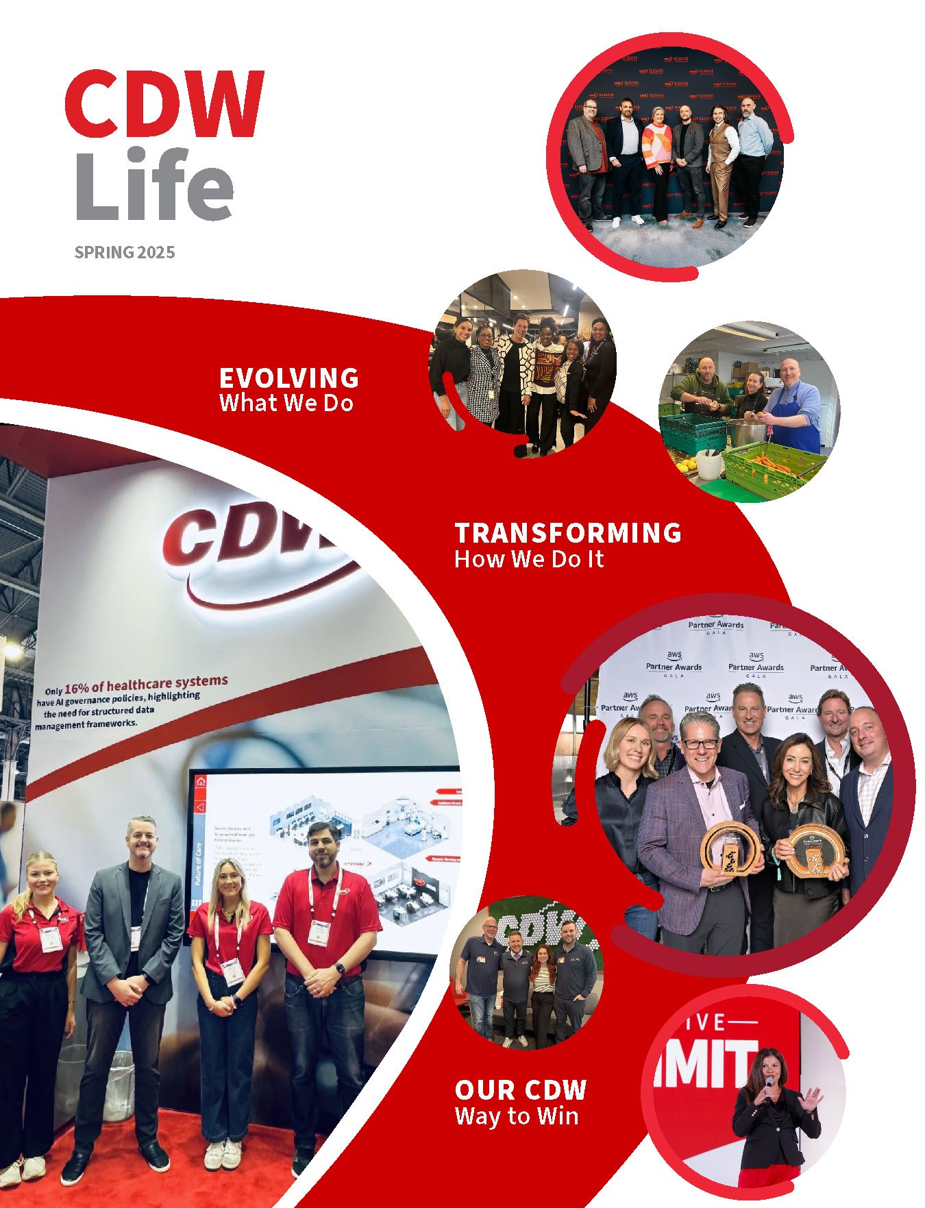 Cover image for CDW Life Spring 2025 magazine, featuring photos of diverse groups of people at various events, with headlines about evolving, transforming, and winning in the CDW business.