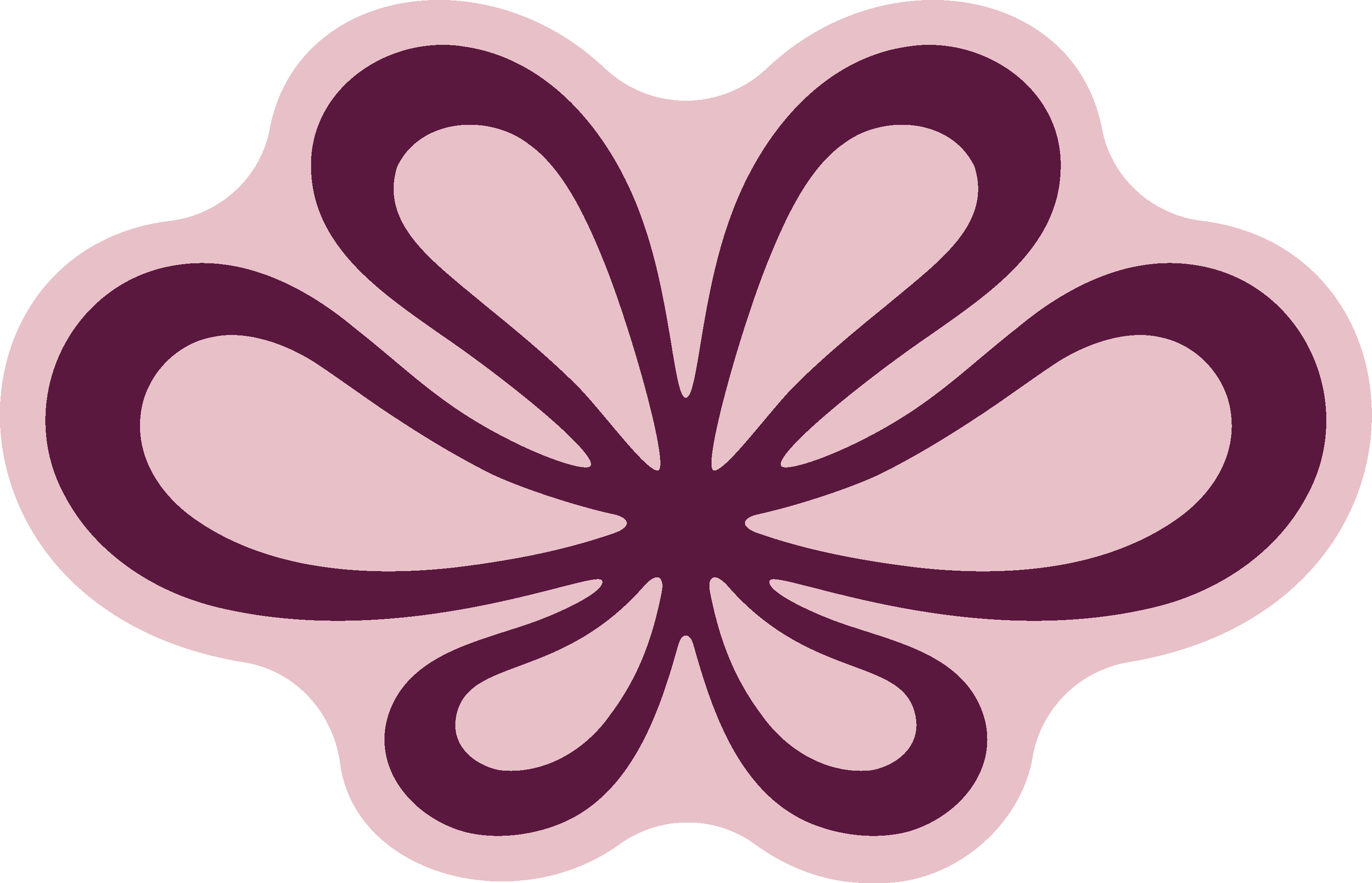 The Pilates Room logo. Stylized, abstract image of a purple flower with curved petals on a light pink background.