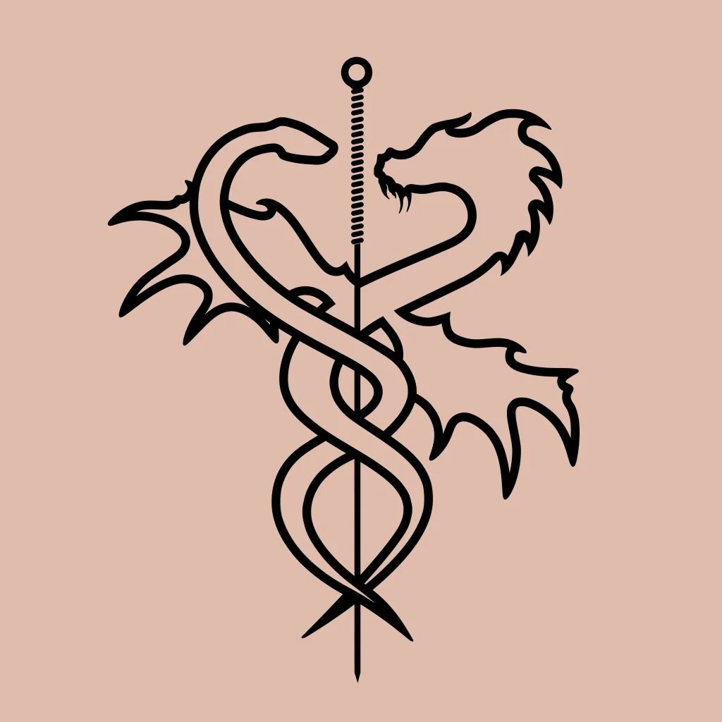 The logo for Great Embrace Acupuncture: a dragon and a snake helix around an acupuncture needle, in a style reminiscent of a caduceus.