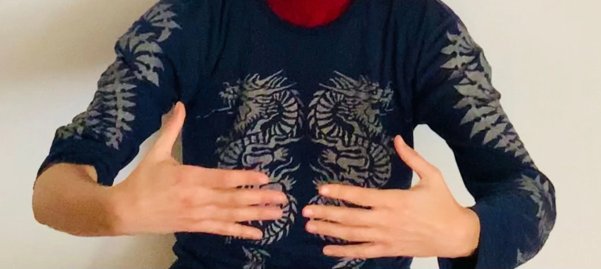 Edea, a pale white skin person, wears a dark long-sleeve shirt with a tiger design, holding their hands out in front of their body.