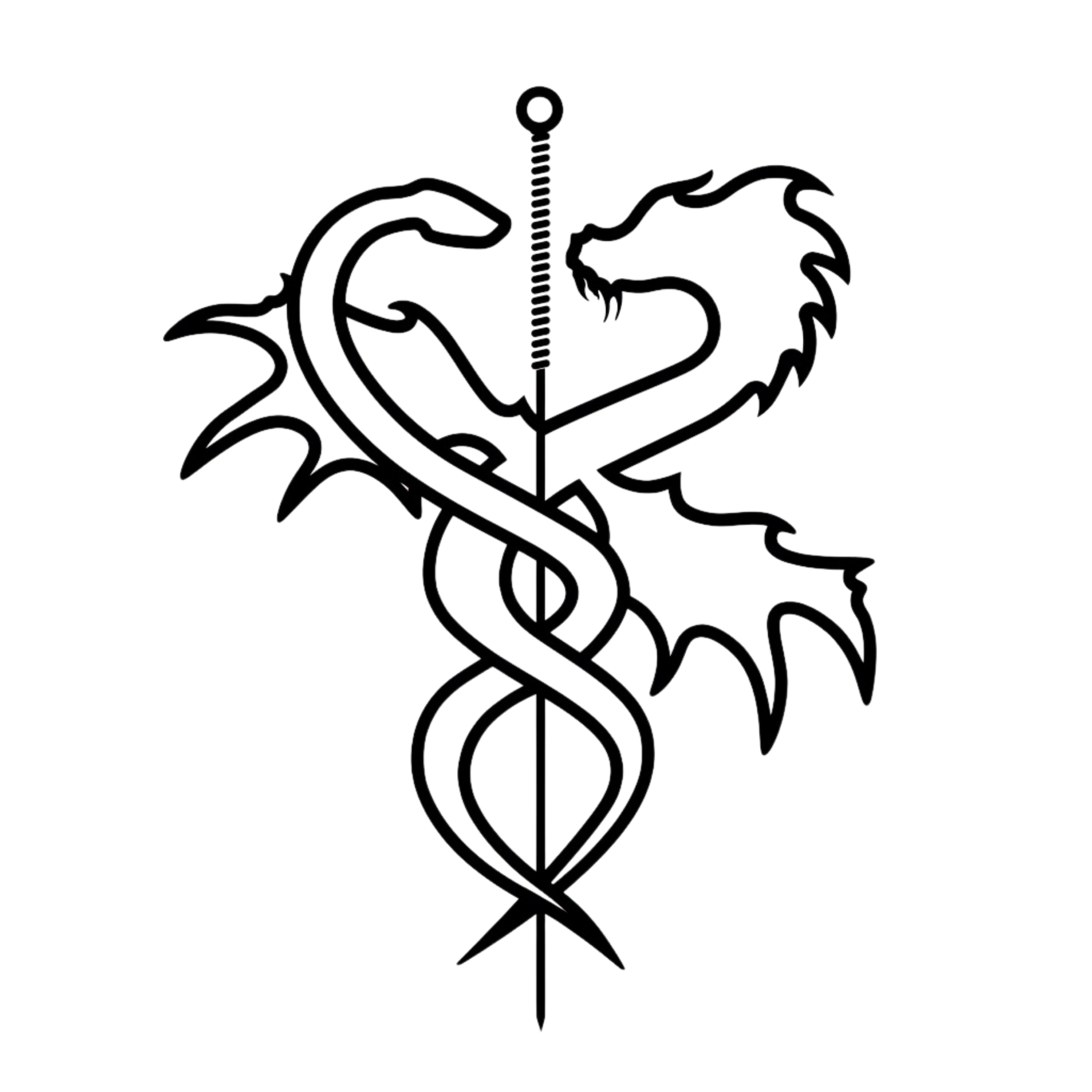 The logo for Great Embrace Acupuncture: a dragon and a snake helix around an acupuncture needle, in a style reminiscent of a caduceus.