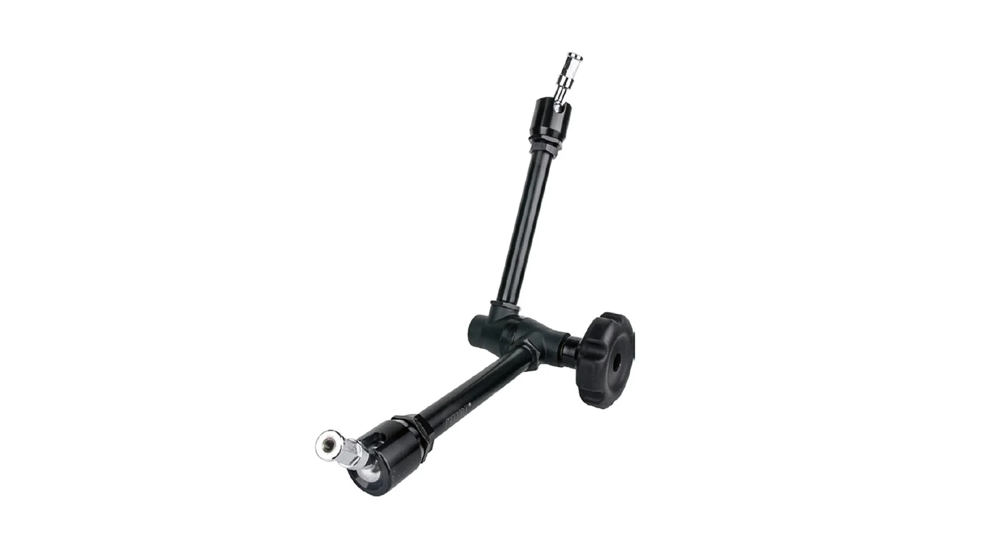 Une pièce de fixation ou de support en métal noire avec un bras articulé réglable, utilisé pour monter un microphone ou un autre appareil sur un bureau ou une console.