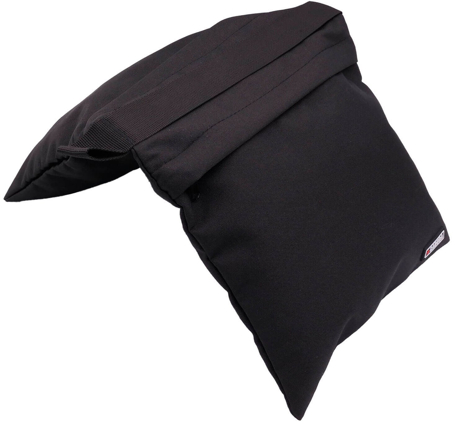 Une sacoche noire en tissu avec une poche principale et une poche frontale, conçue pour transporter des objets personnels ou électroniques.