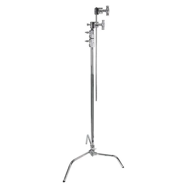 Support de microphone en métal avec réglages et pied stabilisateur.