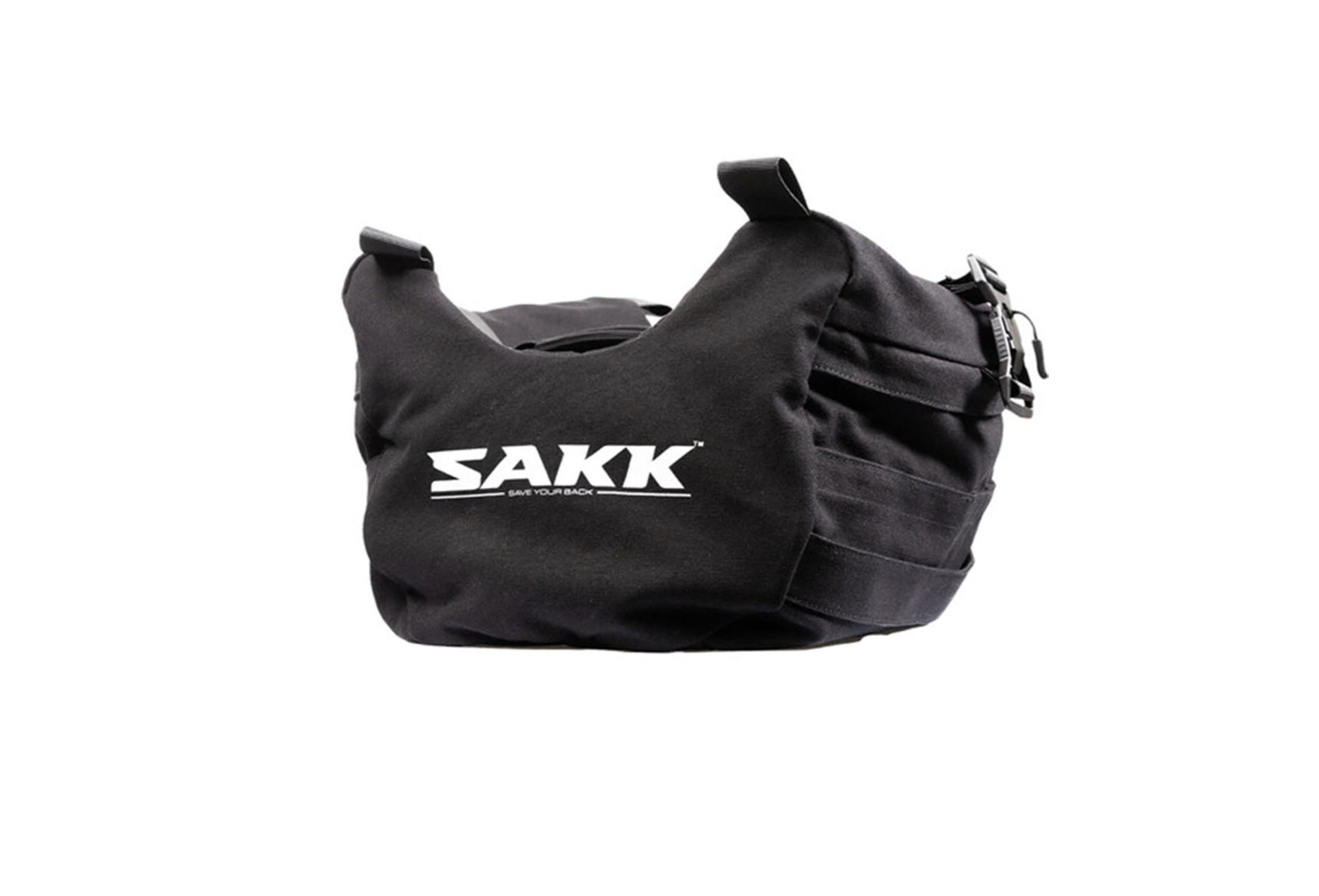 Sac de sport noir avec la marque 'SAKK' en blanc, poche zippée sur le côté, manchettes rembourrées
