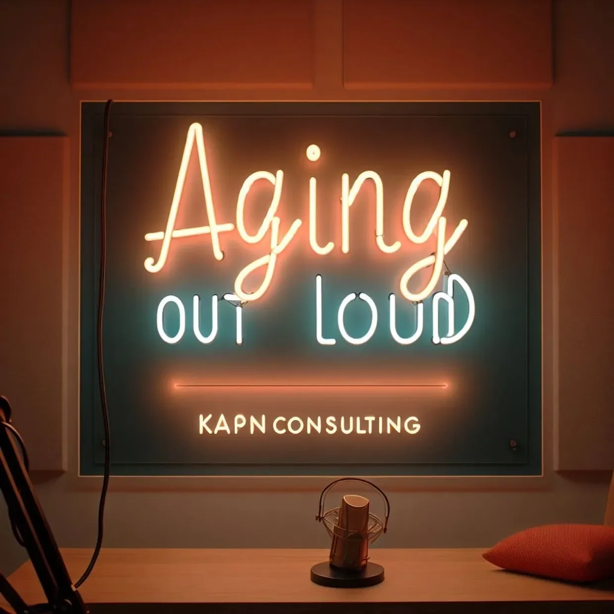 Neon sign reading 'Airing out Loud' with 'KAPN CONSULTING' underneath, on a wall behind a desk with a microphone and a pillow.
