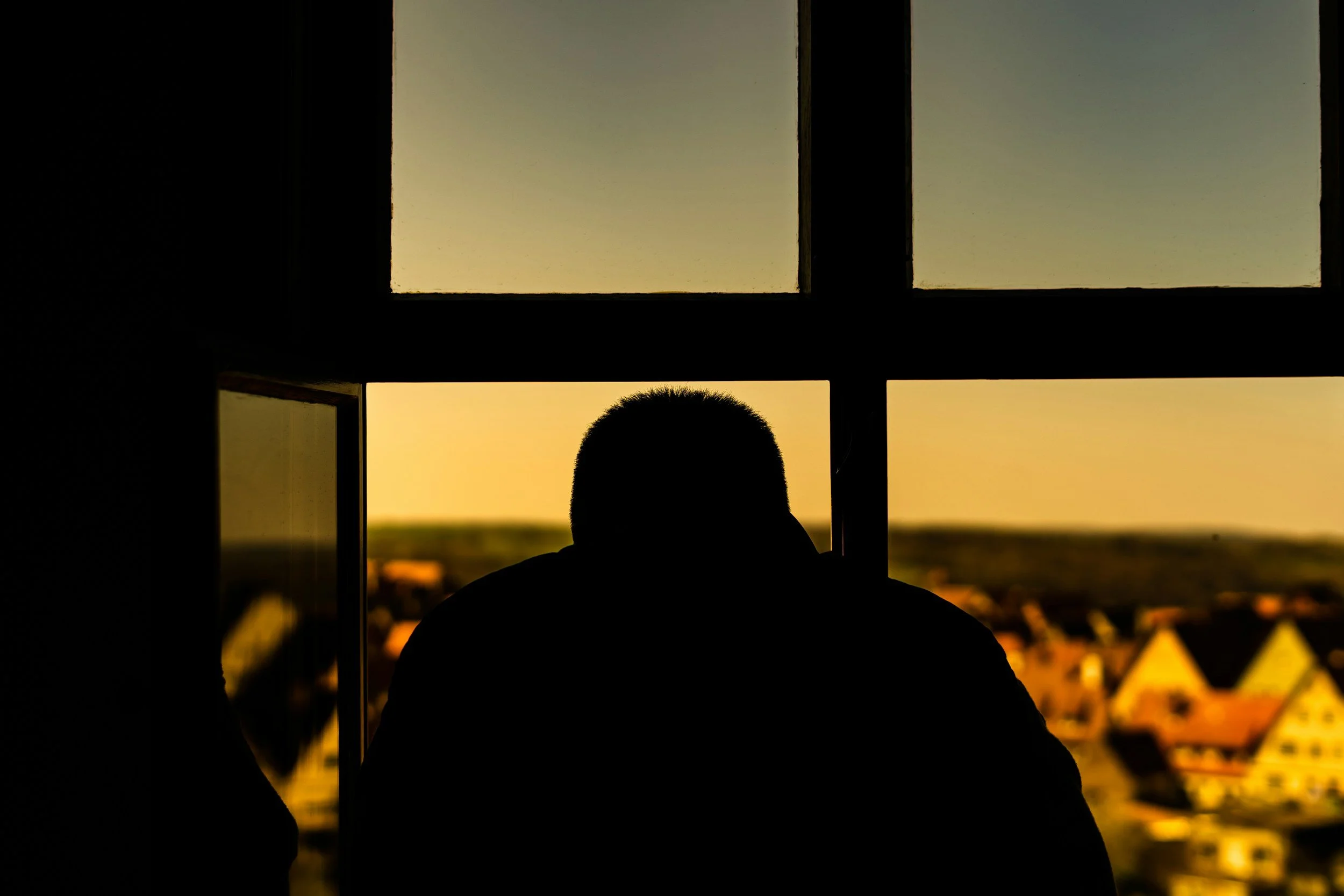 Silhouette of a person looking out a window at sunset over a cityscape.