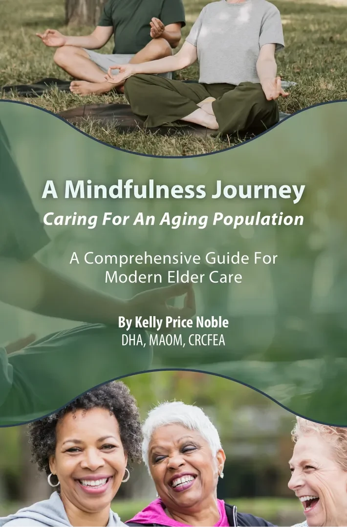 People practicing mindfulness outdoors, with the title 'A Mindfulness Journey Caring For An Aging Population' on a guidebook cover.