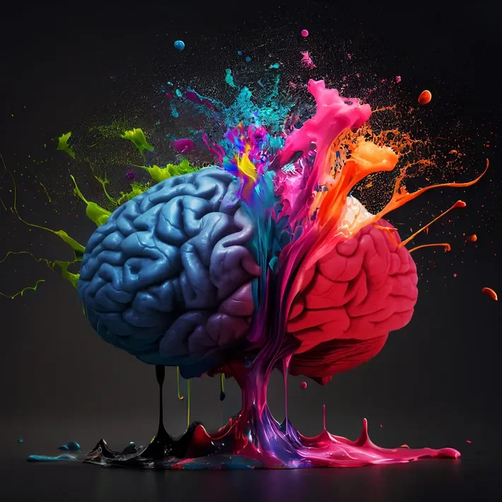 A human brain split into two halves, one blue and the other red, with colorful paint splashes and drips exploding outward.