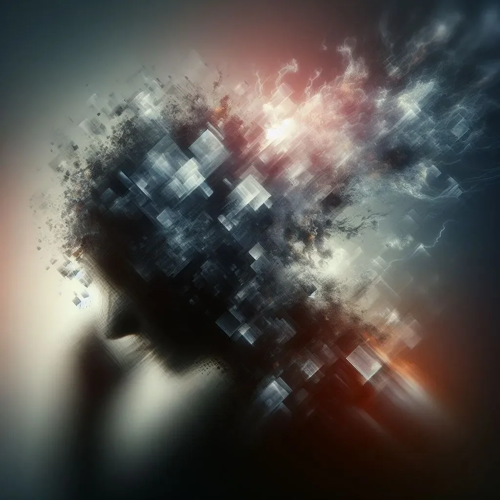 Abstract digital art with a dark cityscape, lightning, and colorful light effects