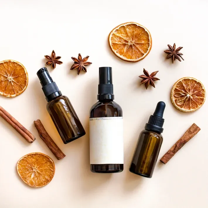 Three amber glass spray bottles surrounded by dried orange slices, cinnamon sticks, and star anise on a white background.