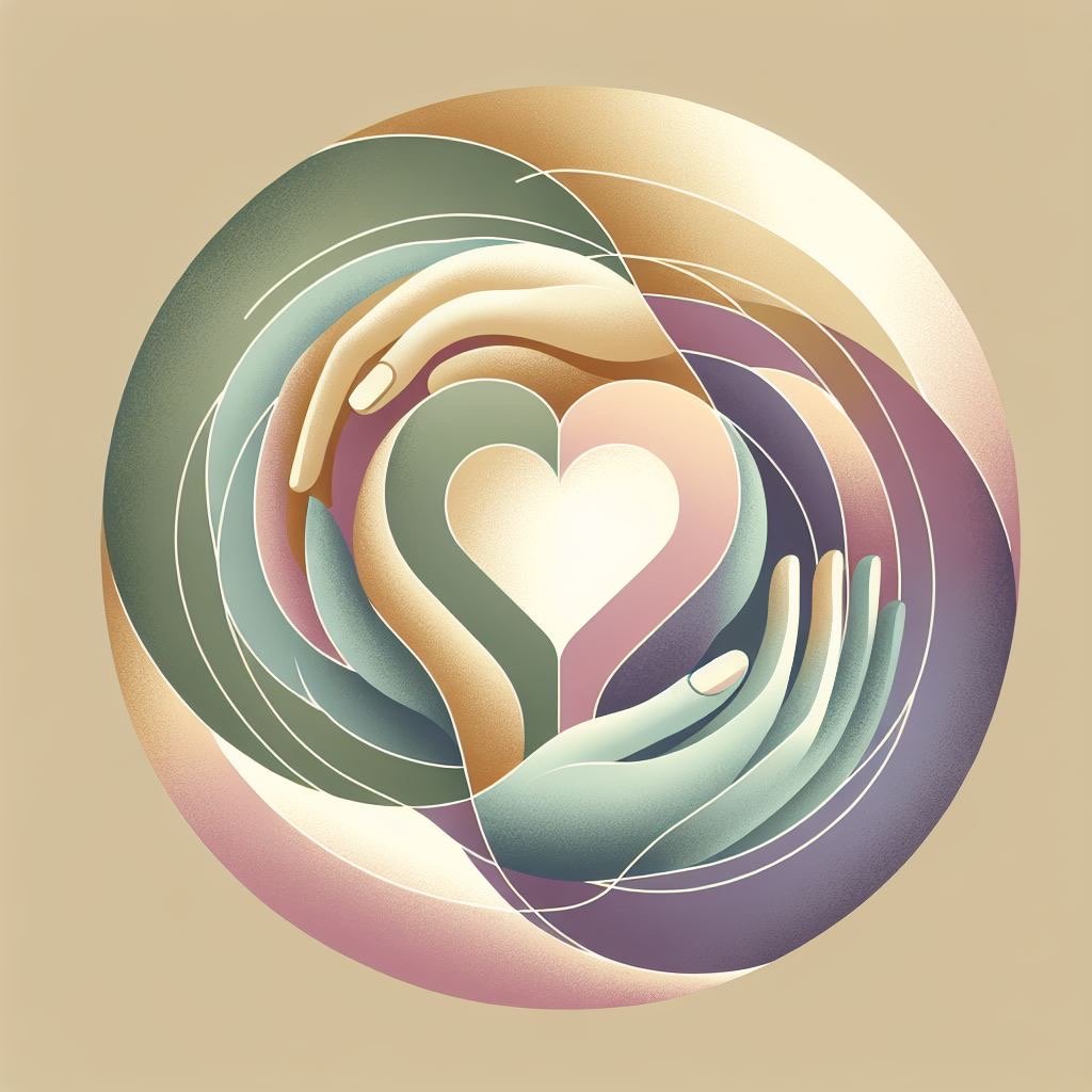 Abstract digital artwork featuring two hands gently holding a glowing heart, with circular lines radiating outward in soft pastel colors.