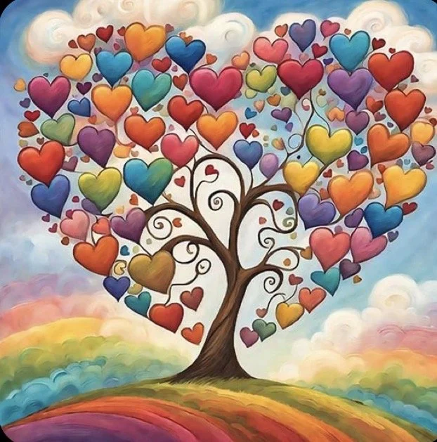 A colorful painting of a tree with a heart-shaped canopy made of multicolored hearts in a rainbow palette, set against a whimsical sky with clouds and rainbow-colored ground.