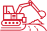 Line drawing of an excavator, a piece of construction equipment, with a bucket attachment.
