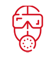 Red outline of a skull with sunglasses and a gas mask.