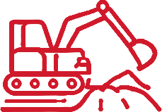 Red excavator digging into a pile of dirt