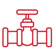 Red outline drawing of a faucet or valve with two side connections.