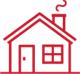 Red outline icon of a house with a chimney and windows.