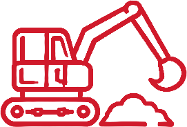 Red outline of an excavator digging with a bucket and track wheels.