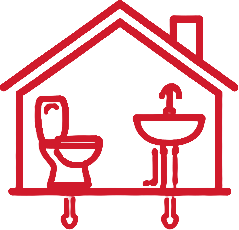 Line drawing of a bathroom with a toilet, sink, and a house outline around them.