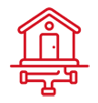 Red icon of a house with a chimney on a platform.