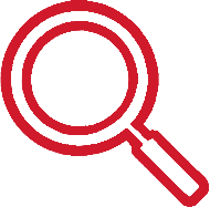 Magnifying glass icon with a red outline.