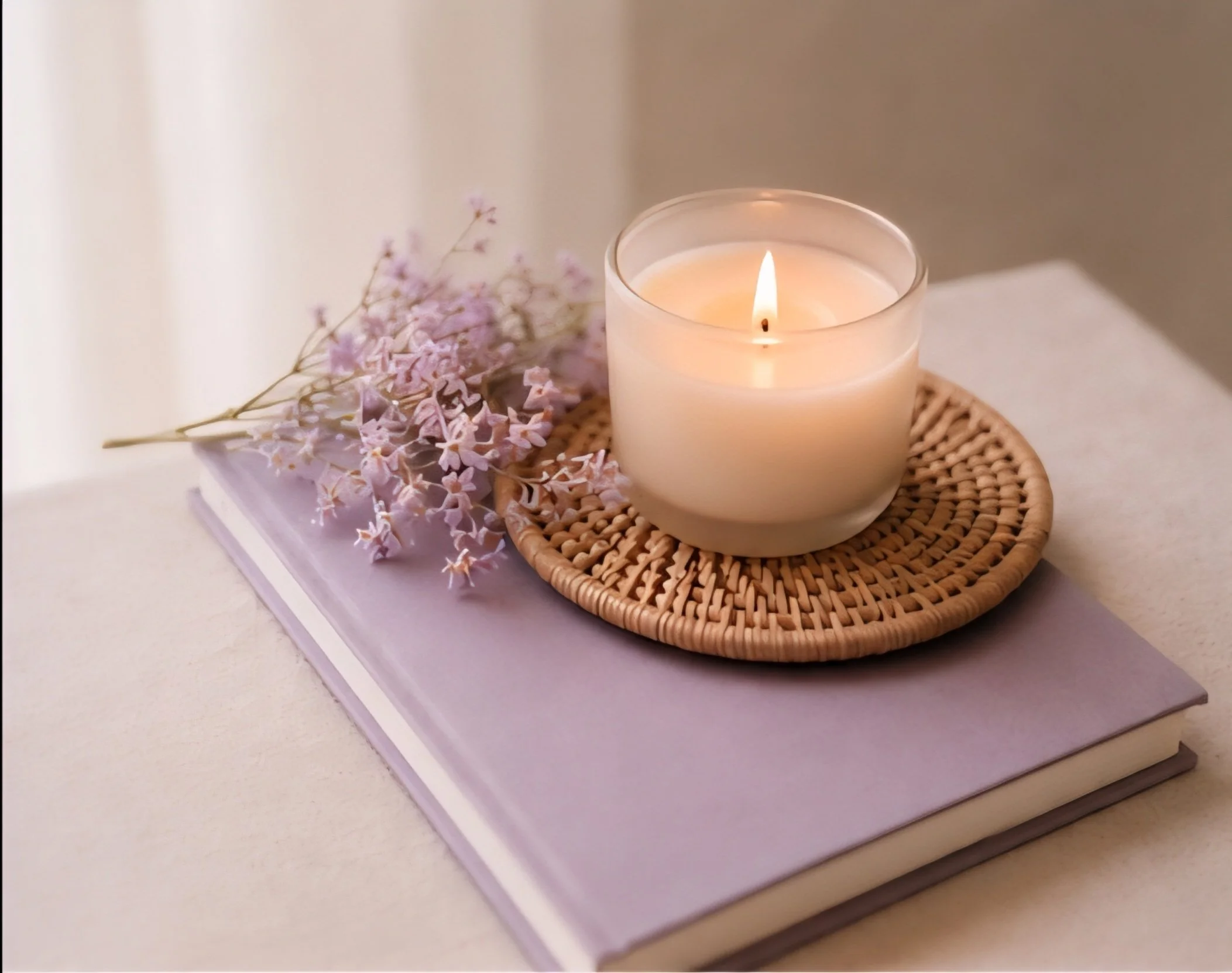 White candle in a glass holder burning on a woven tray, accompanied by pink dried flowers, placed on a stack of pastel-colored books or notebooks.