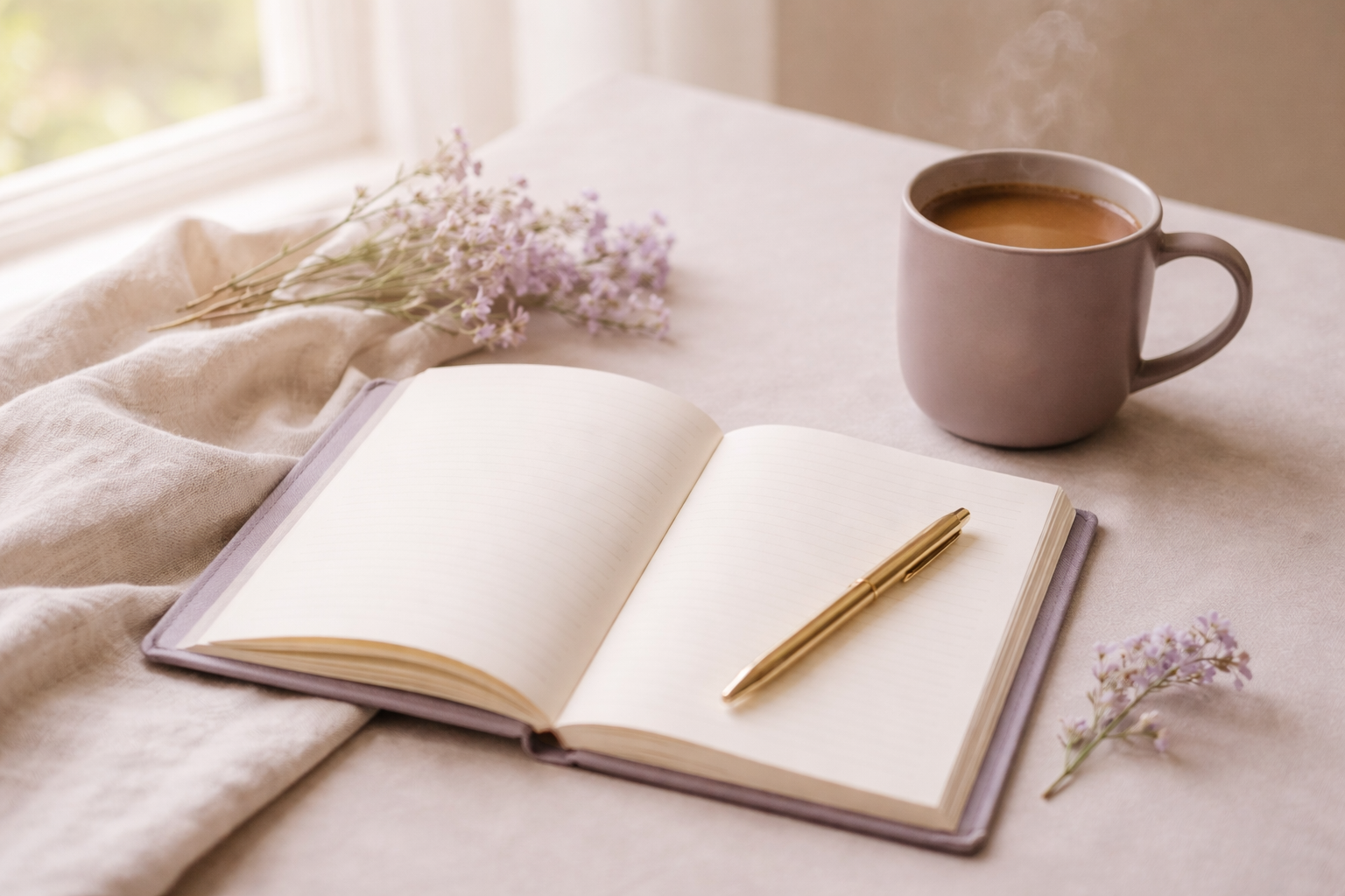 Open journal with a gold pen, pink mug of coffee, and purple flowers on a pink surface near a window.
