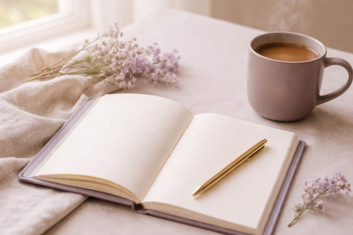 Open notebook with a gold pen on a soft, light-colored fabric surface, next to a mug of coffee and a small bouquet of light purple flowers near a window.