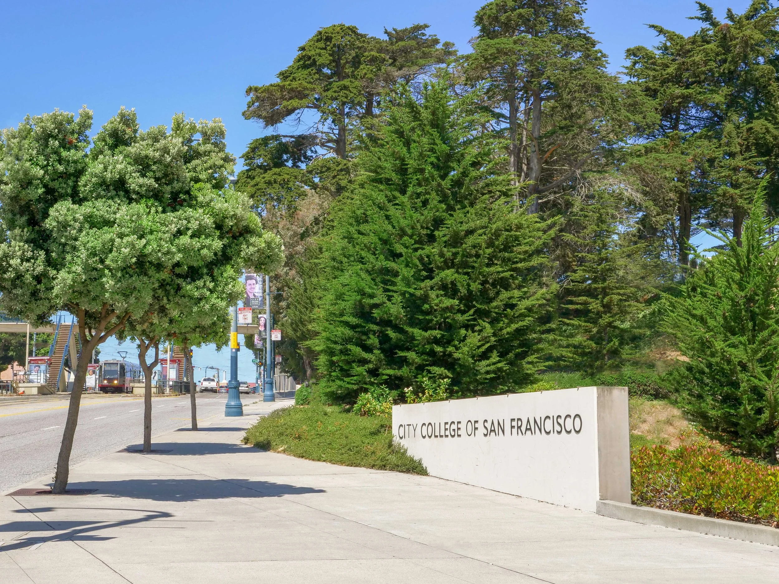 Entrance view of City College of San Francisco with a concrete sign and lush green trees along the sidewalk under a clear blue sky.