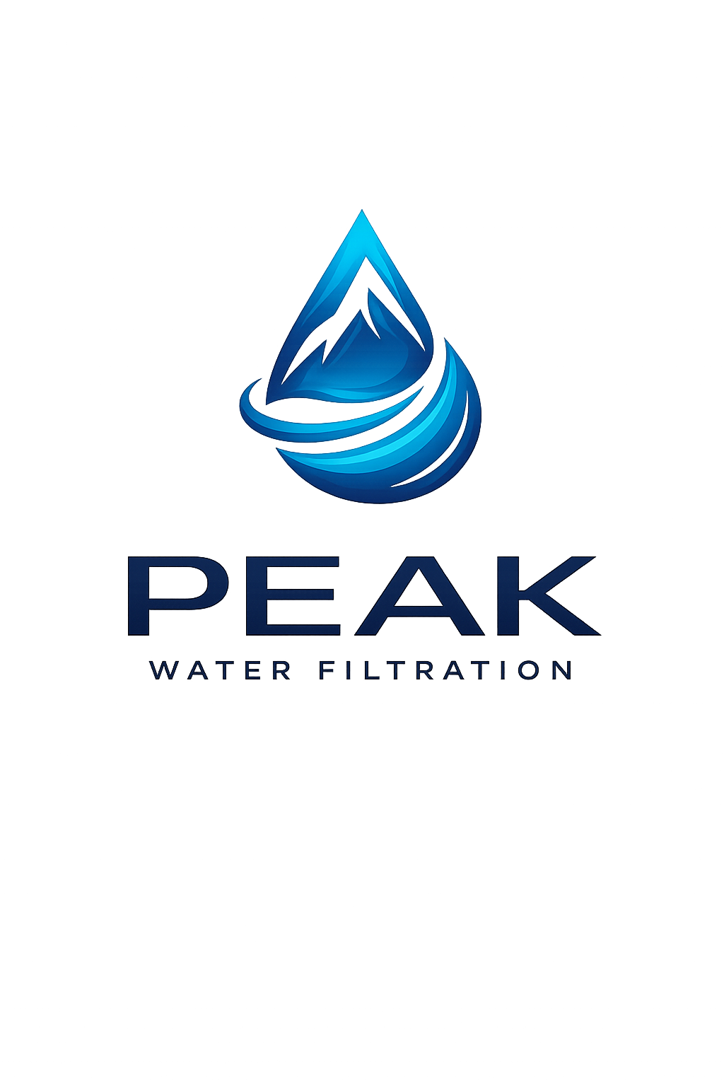 A glowing blue water droplet logo with the words 'PEAK WATER FILTRATION' beneath it.