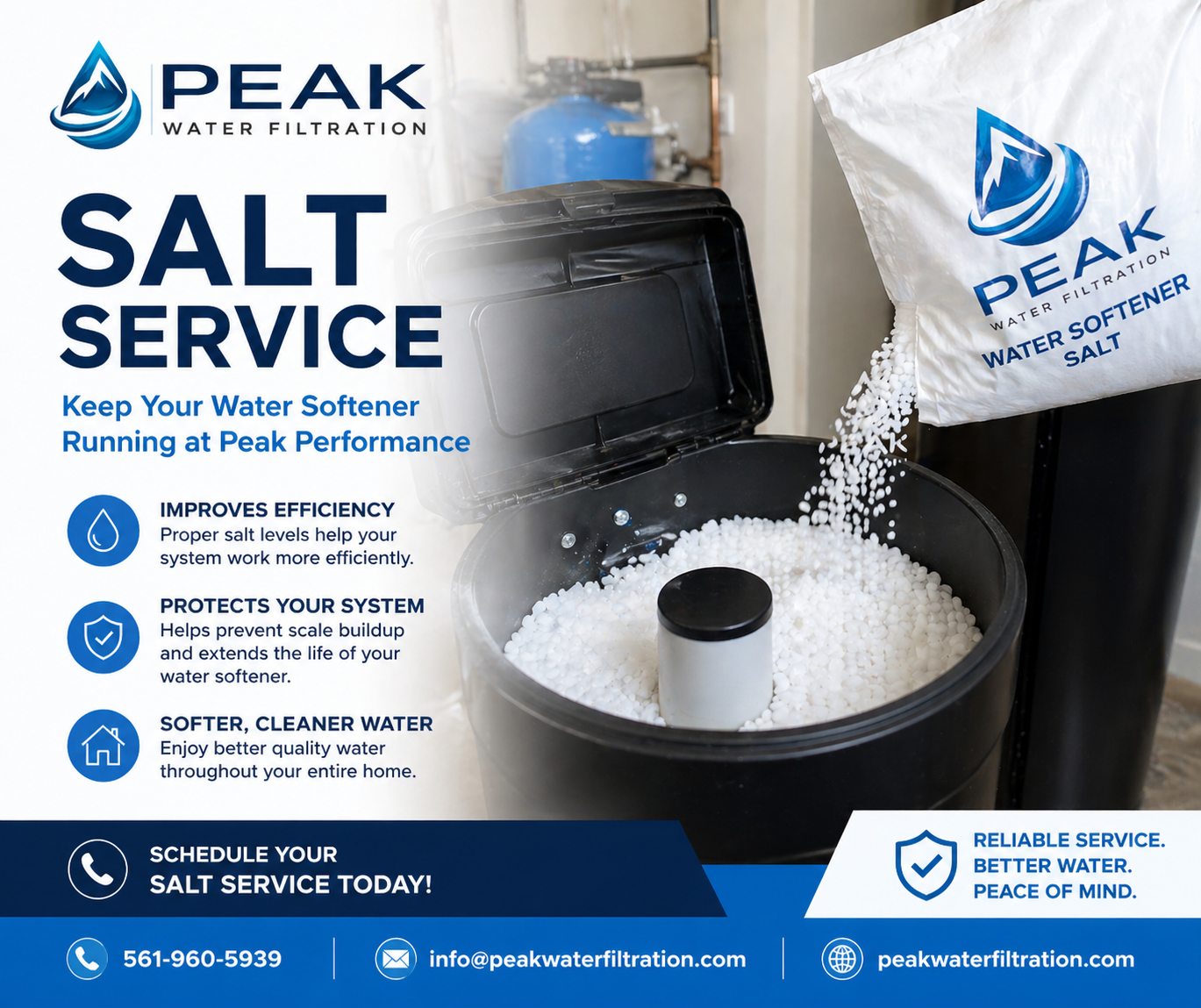 A promotional flyer for Peak Water Filtration's salt service. The image features a water softener with salt being poured into it and an open salt container. The flyer highlights the benefits of proper salt levels for efficient water softener performance, system protection, and improved water quality. The flyer includes contact information such as a phone number, email, and website.