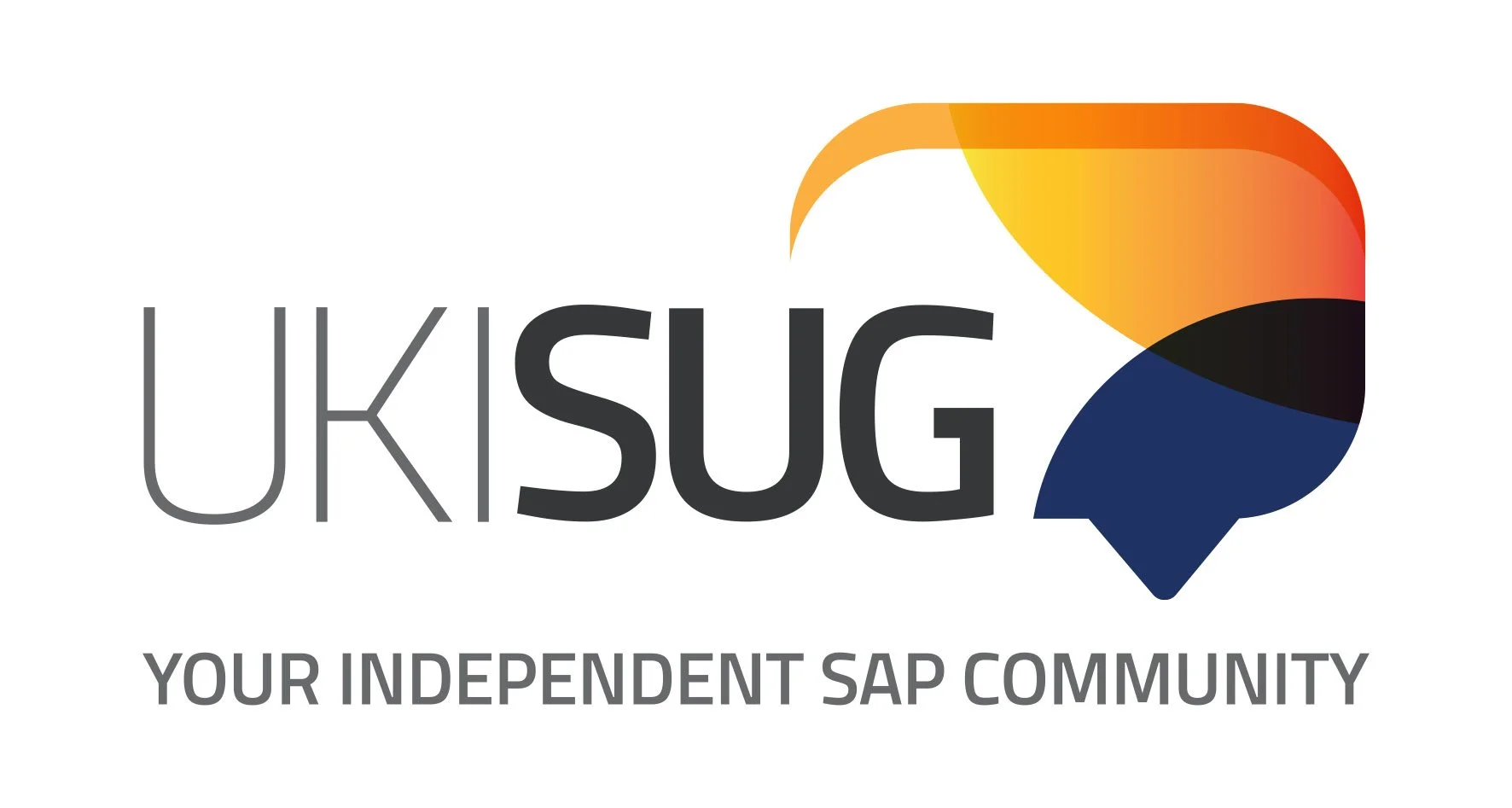 UKSUG logo with a speech bubble in orange, yellow, black, and navy blue colors, and the text "UKSUG" in black and gray, with the tagline "Your Independent SAP Community" underneath.