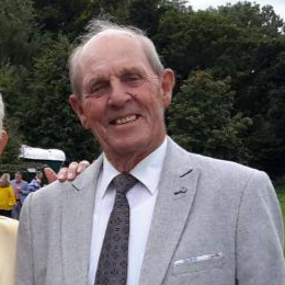 An elderly man wearing a light gray suit and a patterned tie outdoors, smiling.