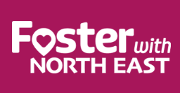 Logo for Foster with North East featuring pink and white text with a heart shape in the word 'Foster' on a dark pink background.